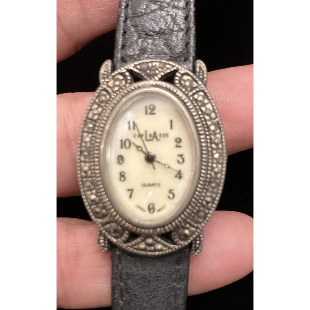 LA Express Womens Watch Marcasite Mother of Pearl Oval Silver VTG 1990s